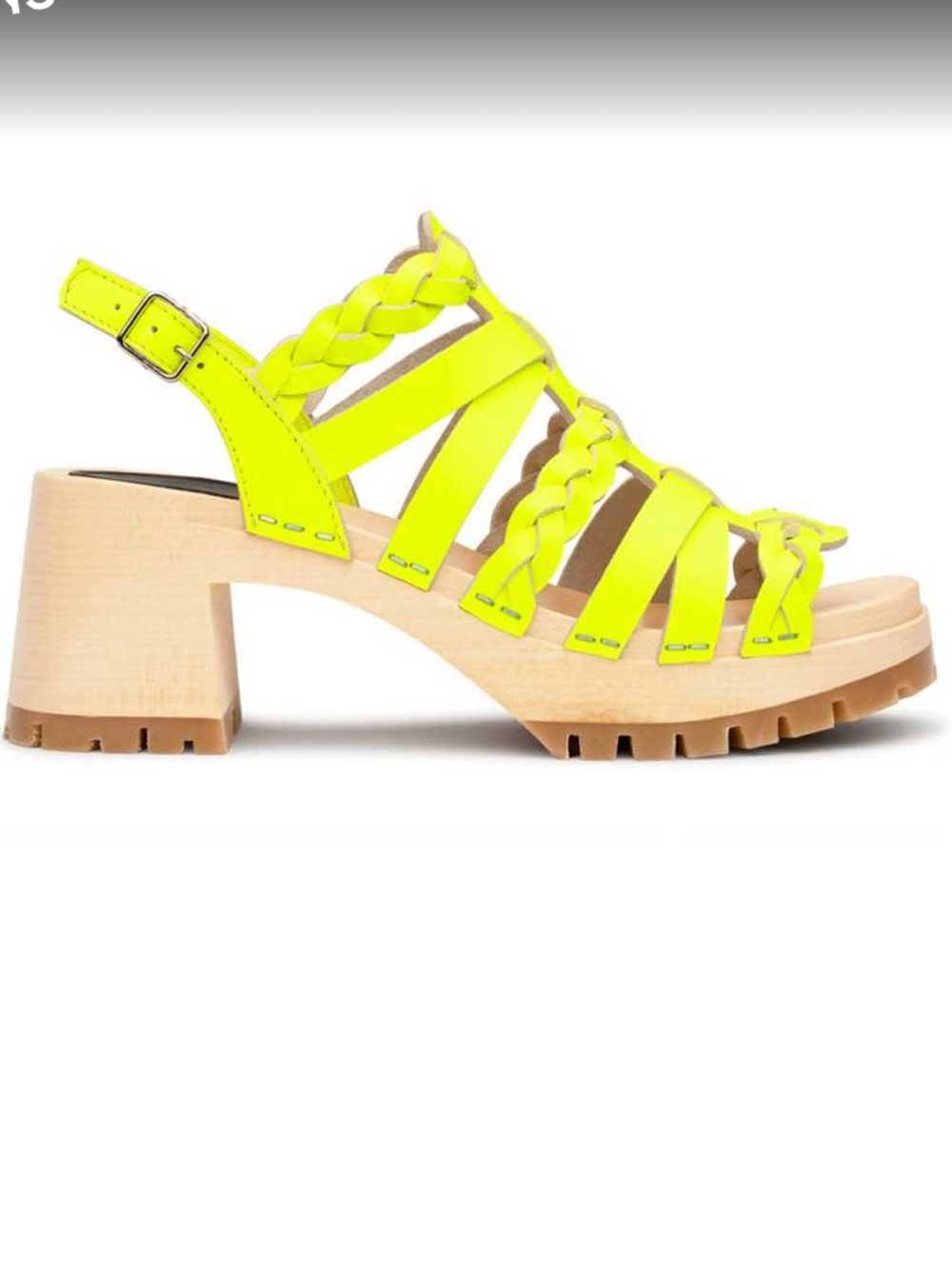Swedish Hasbeens Madde Neon Yellow Sandals Size 40 – Braided Leather Wood Heel